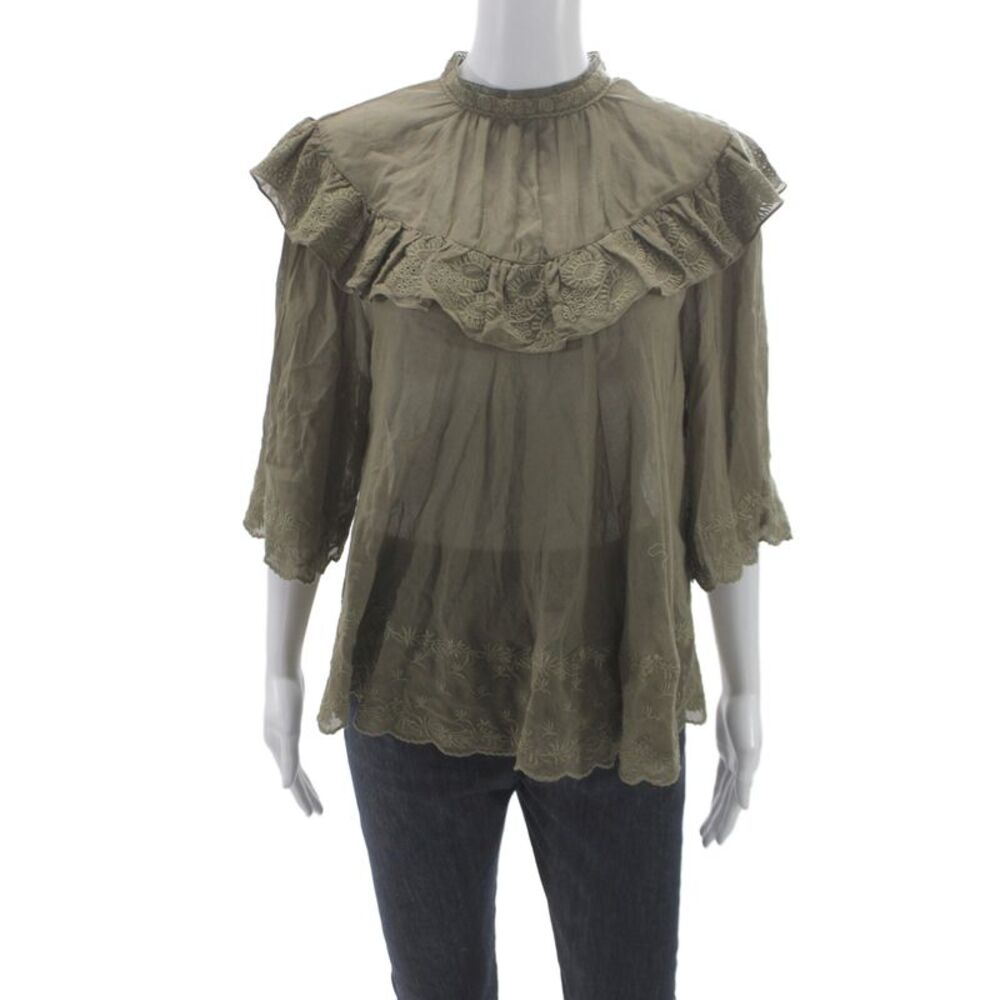 Nili Lotan Women Bohemian Tunic Blouse Green High Neck 3/4 Sleeve Size S
